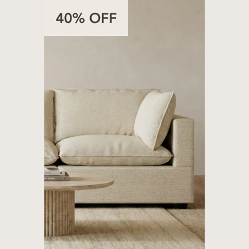 Albany Park four tiles: 40 percent off Kova Pillow and Kova Box, 30 percent Barton and Lido; two lifestyle or product panels panel 1 of 4