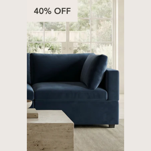 Albany Park four tiles: 40 percent off Kova Pillow and Kova Box, 30 percent Barton and Lido; two lifestyle or product panels panel 2 of 4