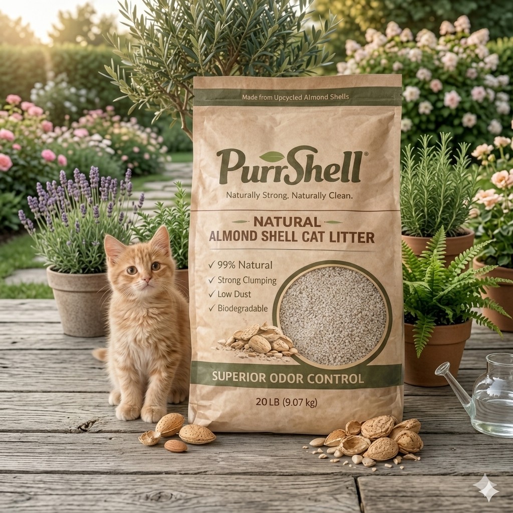 PurrShell natural almond shell cat litter product in a home setting
