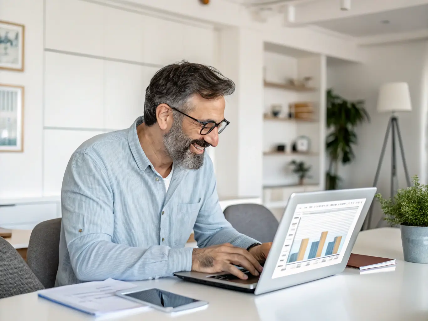 A photograph showing a retailer analyzing inventory levels on a dashboard, emphasizing optimized operations and reduced costs.
