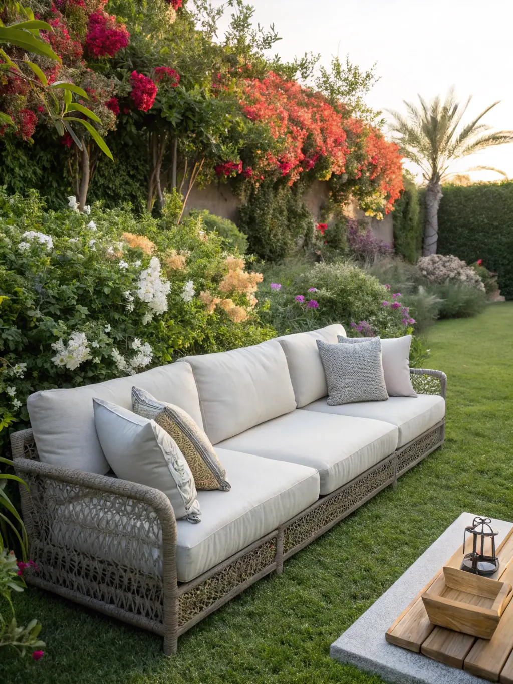 A stylish outdoor furniture set, including a table, chairs, and umbrella, placed on a patio with a lush green lawn in the background. This image represents the Outdoor Furniture category in the ChannelX marketplace.