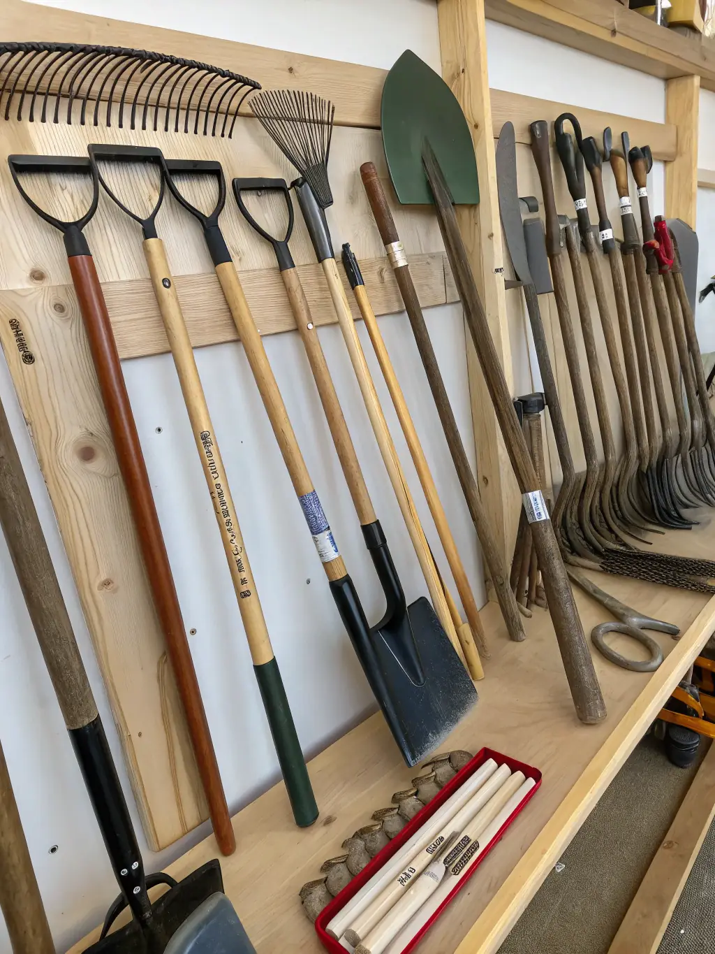 A high-quality image displaying an assortment of garden tools, such as shovels, rakes, and pruning shears, neatly organized in a tool shed. This image represents the Garden Tools category in the ChannelX marketplace.
