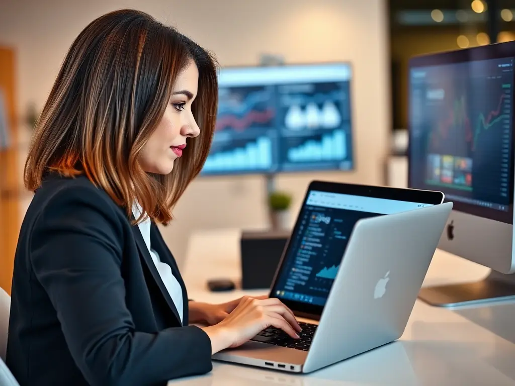 A photograph depicting a brand manager reviewing sales data on a tablet, with a focus on increased efficiency and market reach.