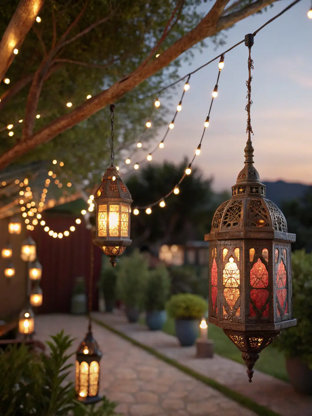 A collection of decorative lighting options, such as string lights, lanterns, and spotlights, illuminating a garden at night. This image represents the Decorative Lighting category in the ChannelX marketplace.