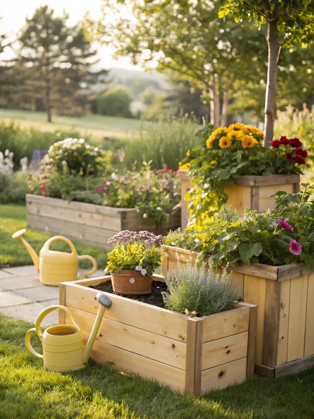 A vibrant image showcasing a variety of gardening supplies, including soil, fertilizer, and plant food, arranged neatly on a wooden shelf in a garden center. This image represents the Garden Care category in the ChannelX marketplace.